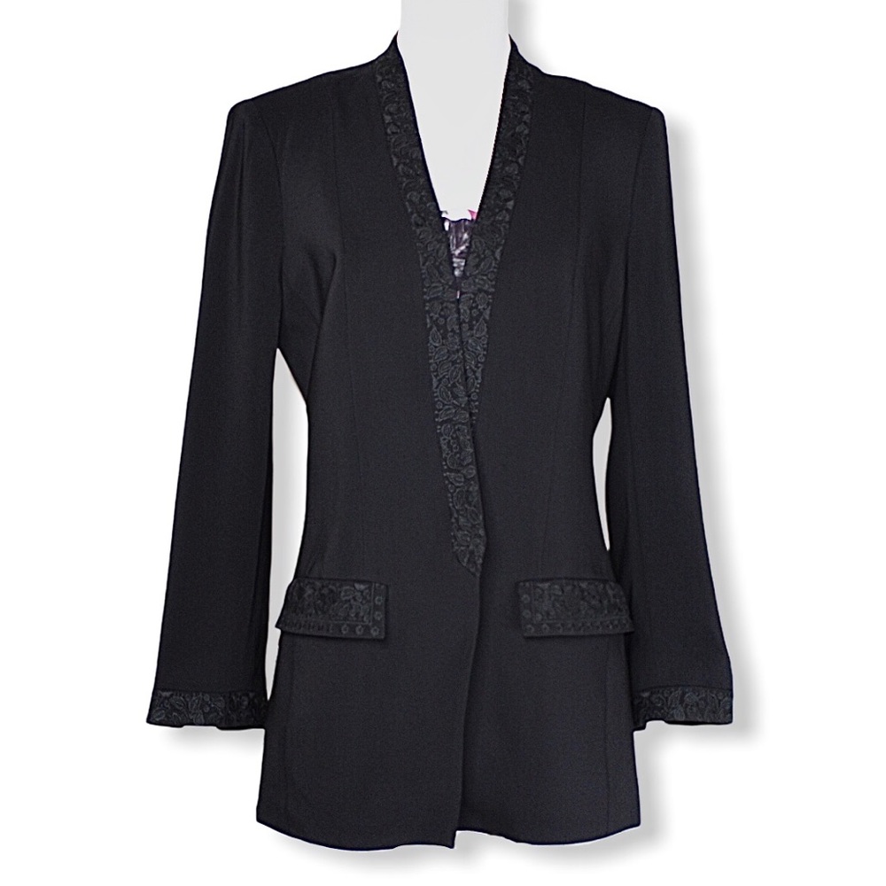 Kobi Halperin Black Open-Front Fitted Embroidered Blazer Size Small